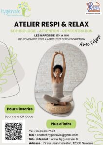 Affiche de l'atelier Respi & Relax avec Céline chez Hygiénavie, les mardis de 17h à 18h