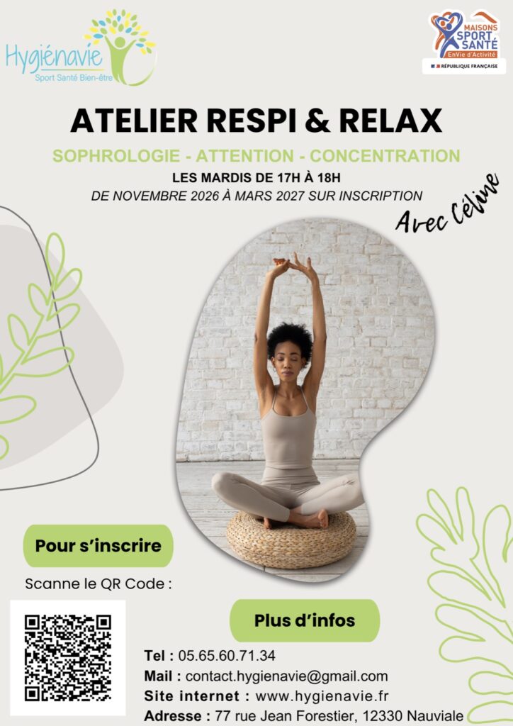 Affiche de l'atelier Respi & Relax avec Céline chez Hygiénavie, les mardis de 17h à 18h